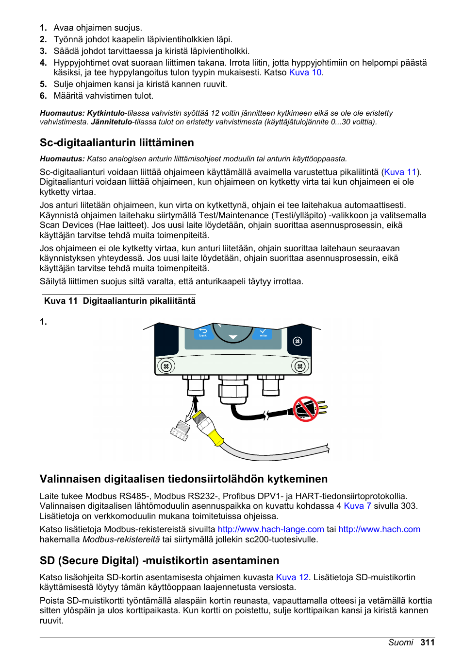 Sc-digitaalianturin liittäminen, Sd (secure digital) -muistikortin asentaminen, Määritetty, vahvistin hakee laitteita. kohdassa | Sivulla | Hach-Lange SC 200 Basic User Manual User Manual | Page 311 / 638
