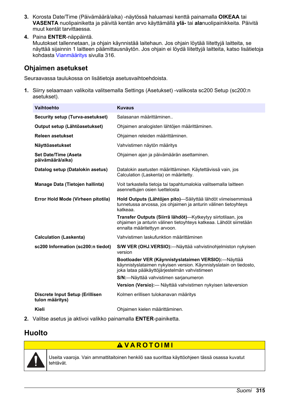 Ohjaimen asetukset, Huolto, Sivulla | Hach-Lange SC 200 Basic User Manual User Manual | Page 315 / 638