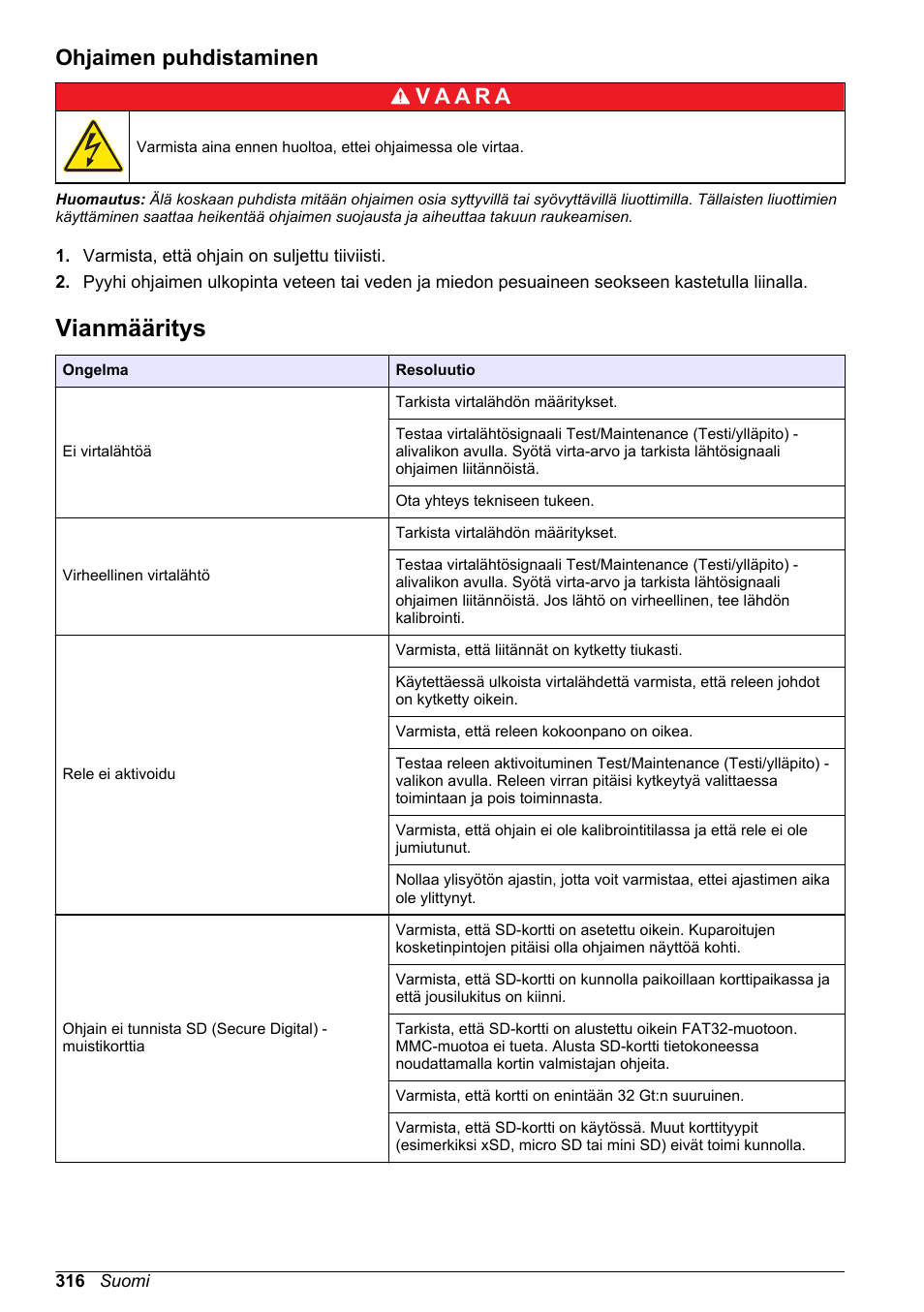 Ohjaimen puhdistaminen, Vianmääritys, Sivulla | Hach-Lange SC 200 Basic User Manual User Manual | Page 316 / 638