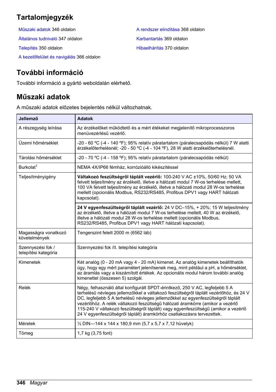 Alapvető felhasználói útmutató, Tartalomjegyzék, További információ | Műszaki adatok, Magyar | Hach-Lange SC 200 Basic User Manual User Manual | Page 346 / 638