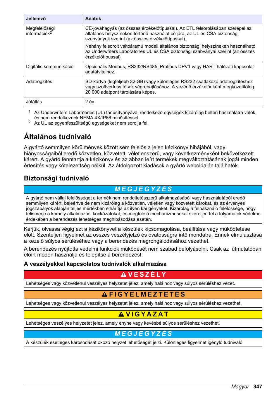Általános tudnivaló, Biztonsági tudnivaló, A veszélyekkel kapcsolatos tudnivalók alkalmazása | 347 oldalon | Hach-Lange SC 200 Basic User Manual User Manual | Page 347 / 638
