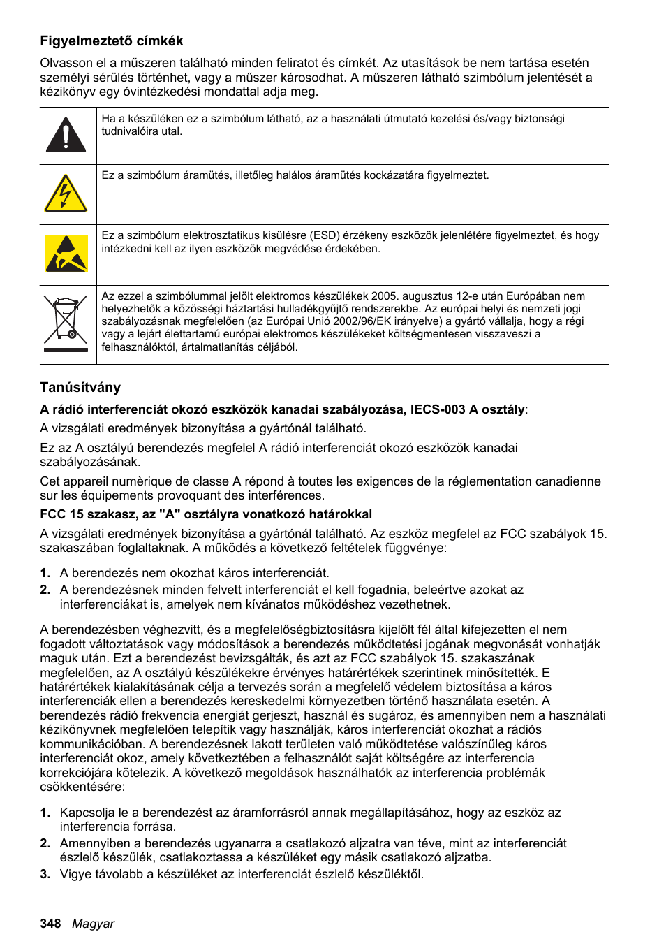 Figyelmeztető címkék, Tanúsítvány | Hach-Lange SC 200 Basic User Manual User Manual | Page 348 / 638