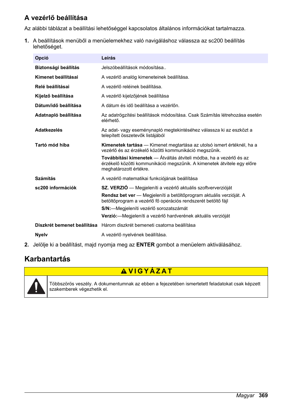 A vezérlő beállítása, Karbantartás | Hach-Lange SC 200 Basic User Manual User Manual | Page 369 / 638