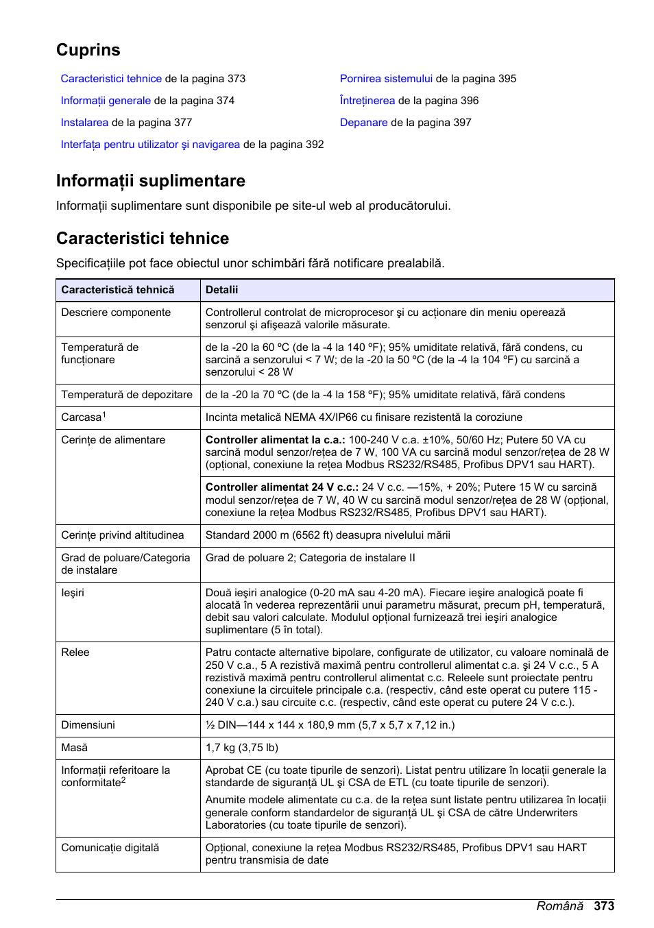 Manual de bază al utilizatorului, Cuprins, Informaţii suplimentare | Caracteristici tehnice, Română | Hach-Lange SC 200 Basic User Manual User Manual | Page 373 / 638
