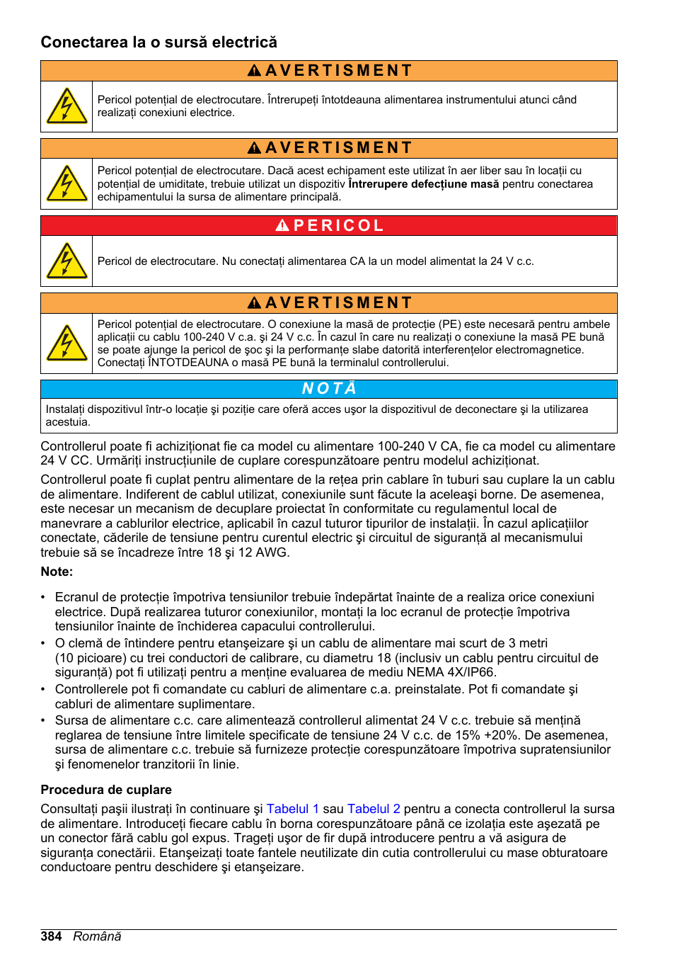 Conectarea la o sursă electrică, N o t ã | Hach-Lange SC 200 Basic User Manual User Manual | Page 384 / 638