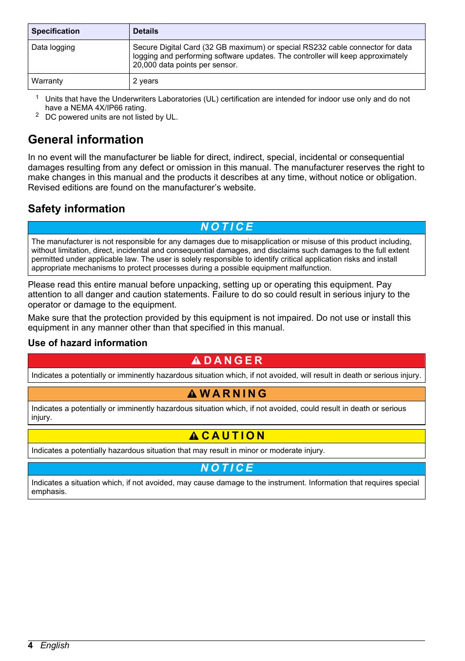 General information, Safety information, Use of hazard information | Hach-Lange SC 200 Basic User Manual User Manual | Page 4 / 638