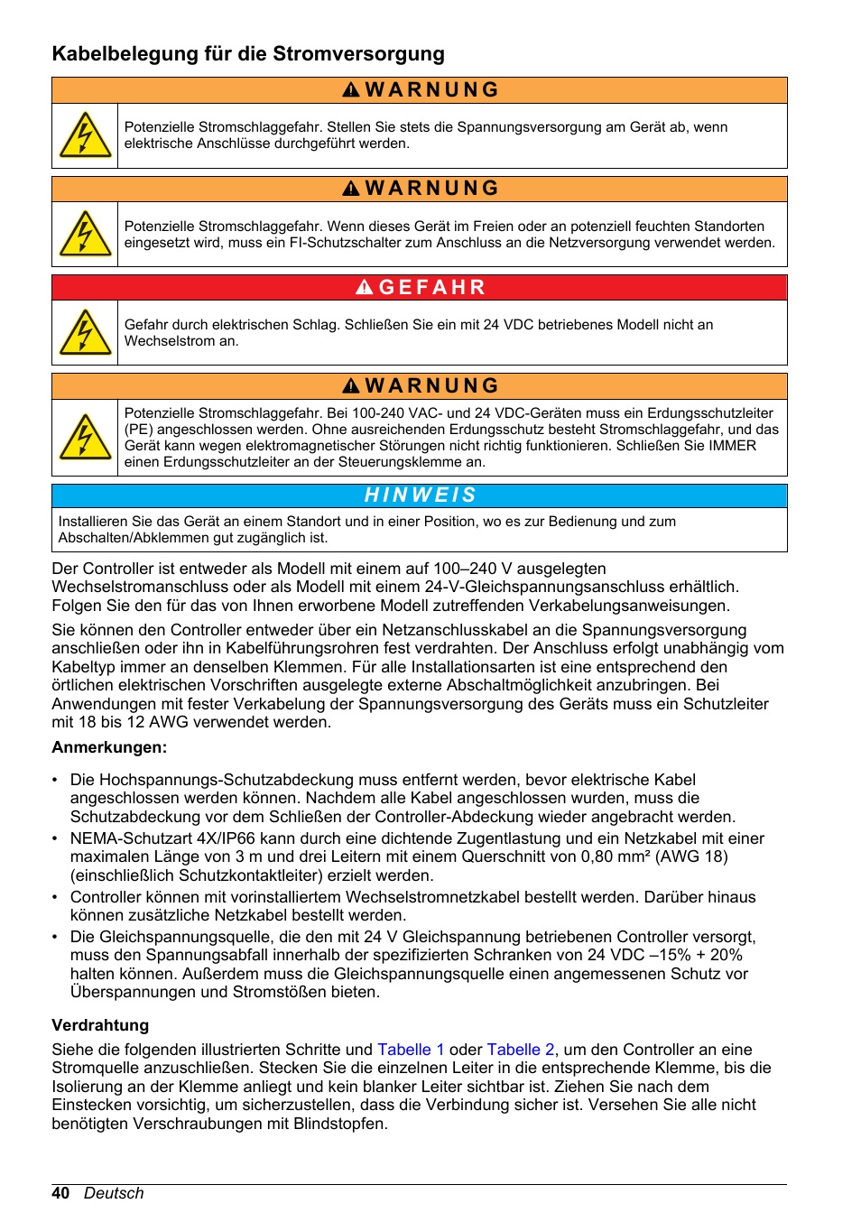 Kabelbelegung für die stromversorgung | Hach-Lange SC 200 Basic User Manual User Manual | Page 40 / 638