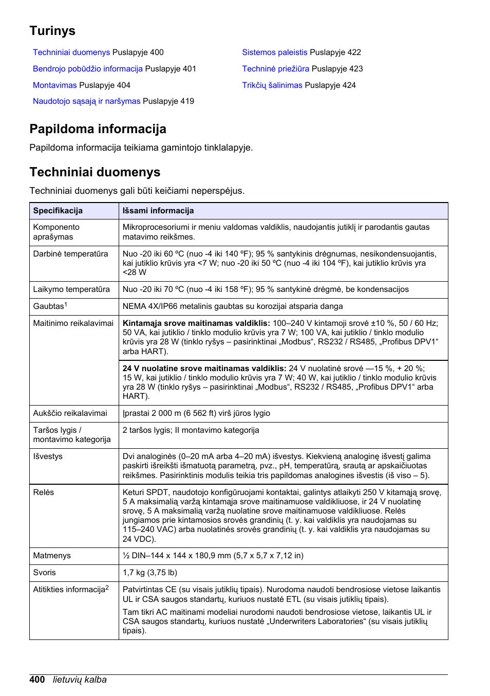 Bendroji naudotojo instrukcija, Turinys, Papildoma informacija | Techniniai duomenys, Lietuvių kalba | Hach-Lange SC 200 Basic User Manual User Manual | Page 400 / 638