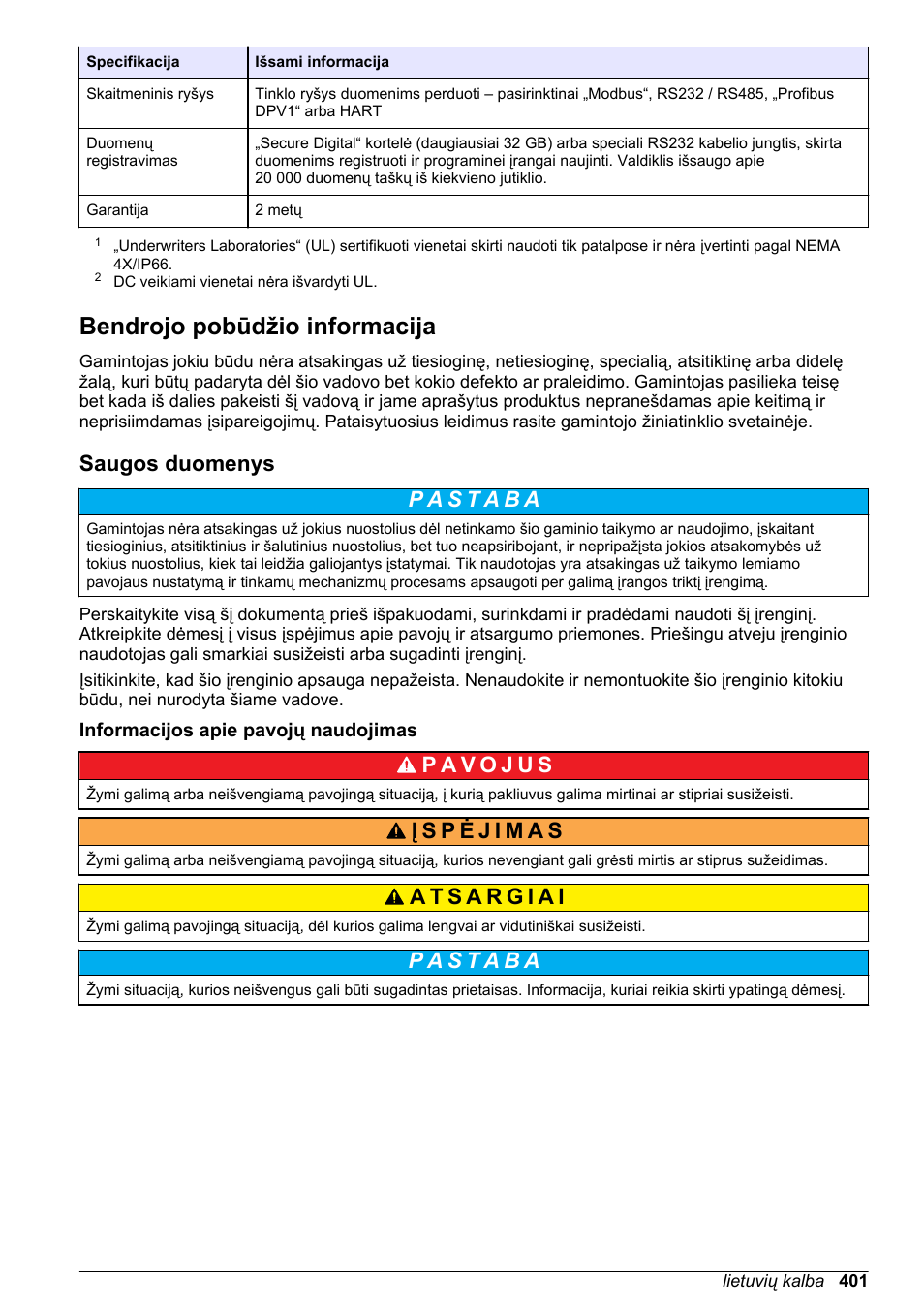 Bendrojo pobūdžio informacija, Saugos duomenys, Informacijos apie pavojų naudojimas | Puslapyje | Hach-Lange SC 200 Basic User Manual User Manual | Page 401 / 638