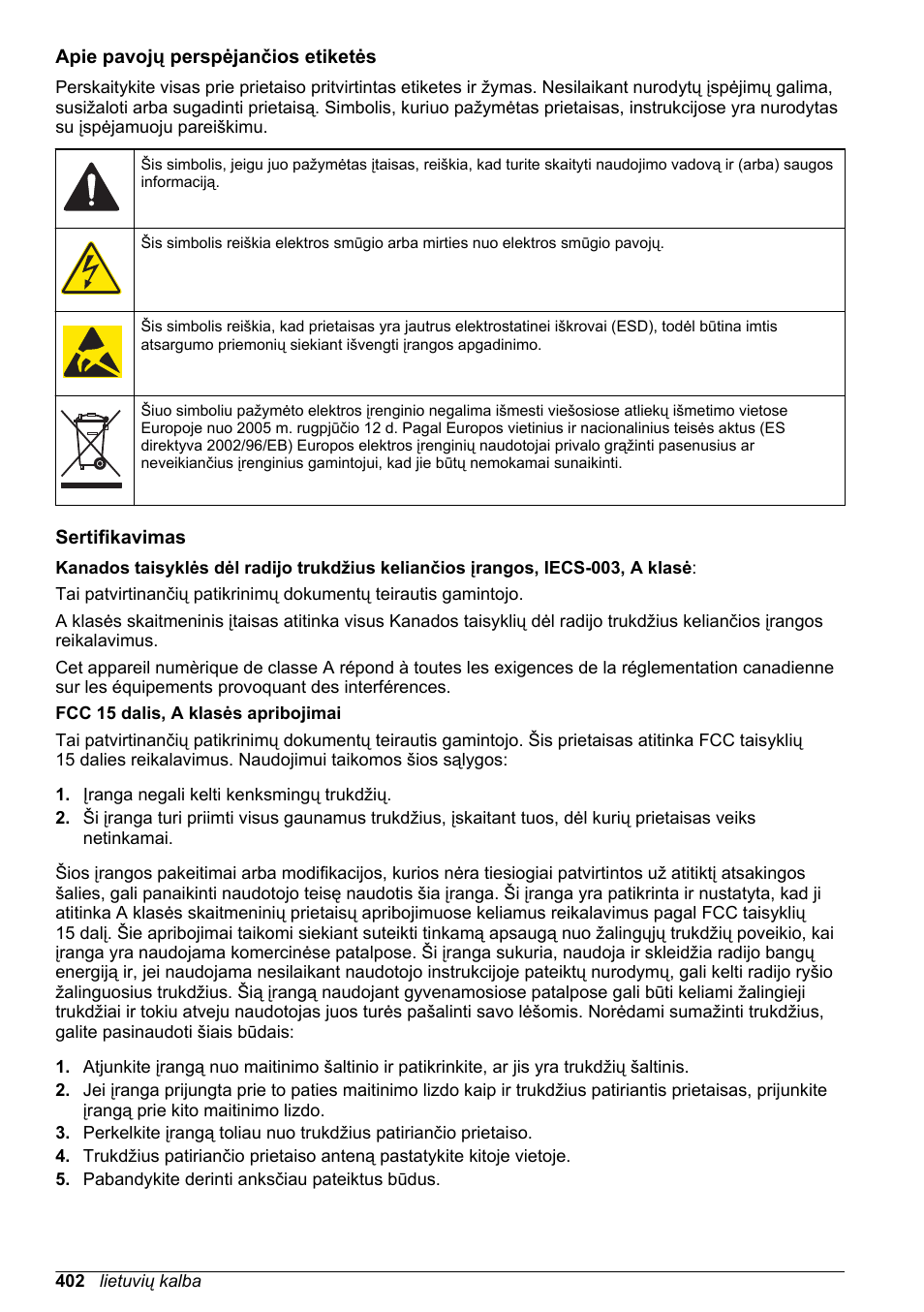 Apie pavojų perspėjančios etiketės, Sertifikavimas | Hach-Lange SC 200 Basic User Manual User Manual | Page 402 / 638