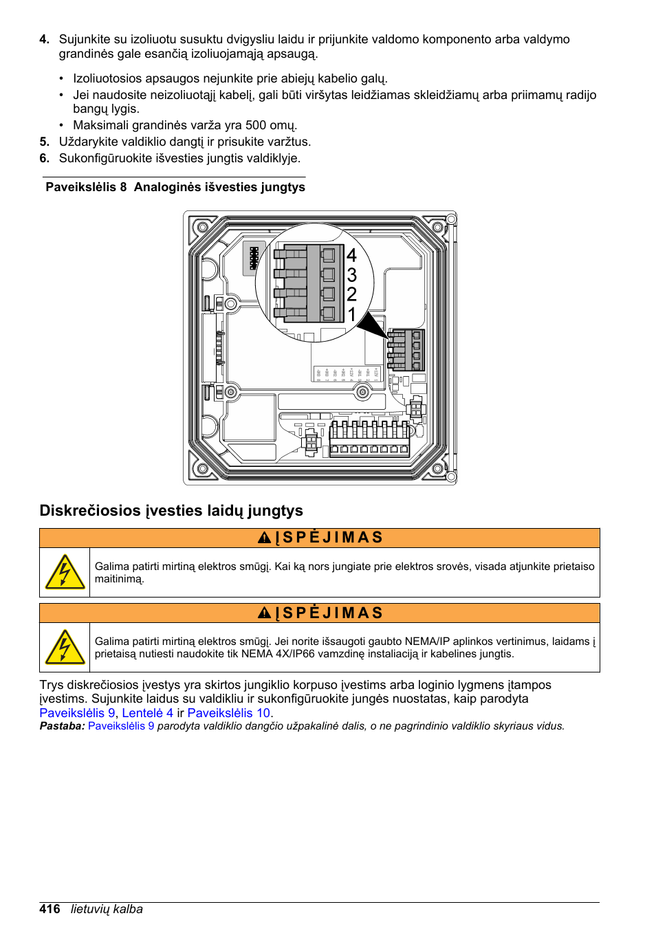 Diskrečiosios įvesties laidų jungtys, Paveikslėlis 8, Prijunkite laidus prie valdiklio, kaip parodyta | Pastaba | Hach-Lange SC 200 Basic User Manual User Manual | Page 416 / 638