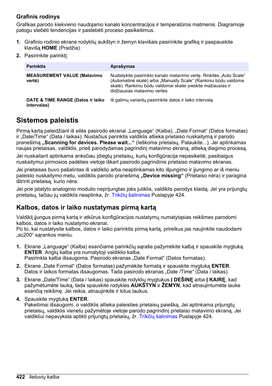Grafinis rodinys, Sistemos paleistis, Kalbos, datos ir laiko nustatymas pirmą kartą | Hach-Lange SC 200 Basic User Manual User Manual | Page 422 / 638