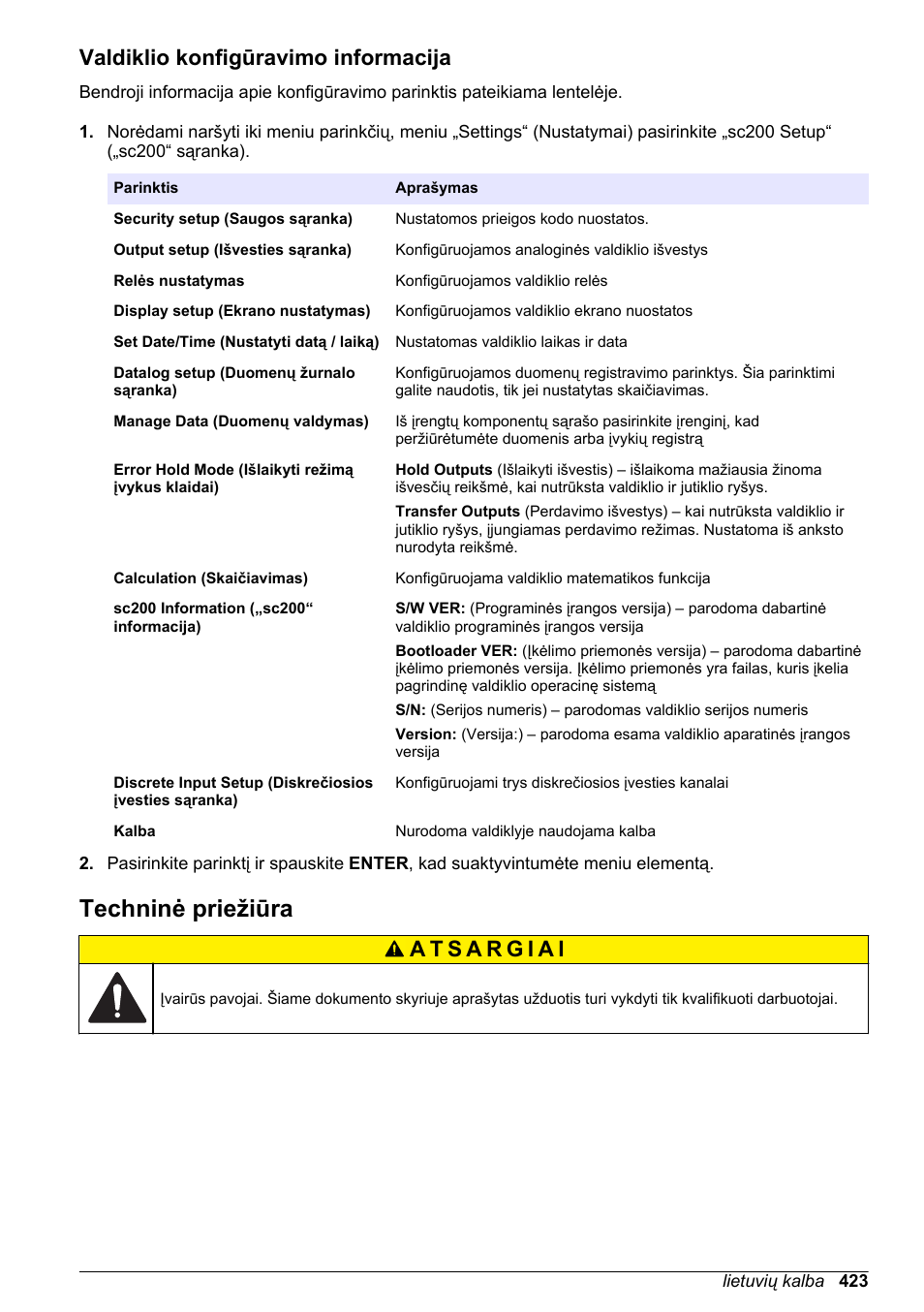 Valdiklio konfigūravimo informacija, Techninė priežiūra, Puslapyje | Hach-Lange SC 200 Basic User Manual User Manual | Page 423 / 638