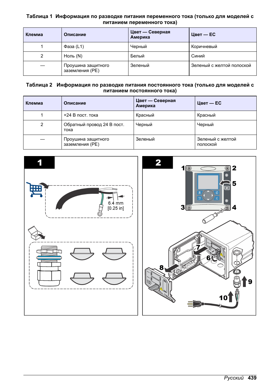 Таблица 1, Таблица 2, Каждый проводник | Hach-Lange SC 200 Basic User Manual User Manual | Page 439 / 638