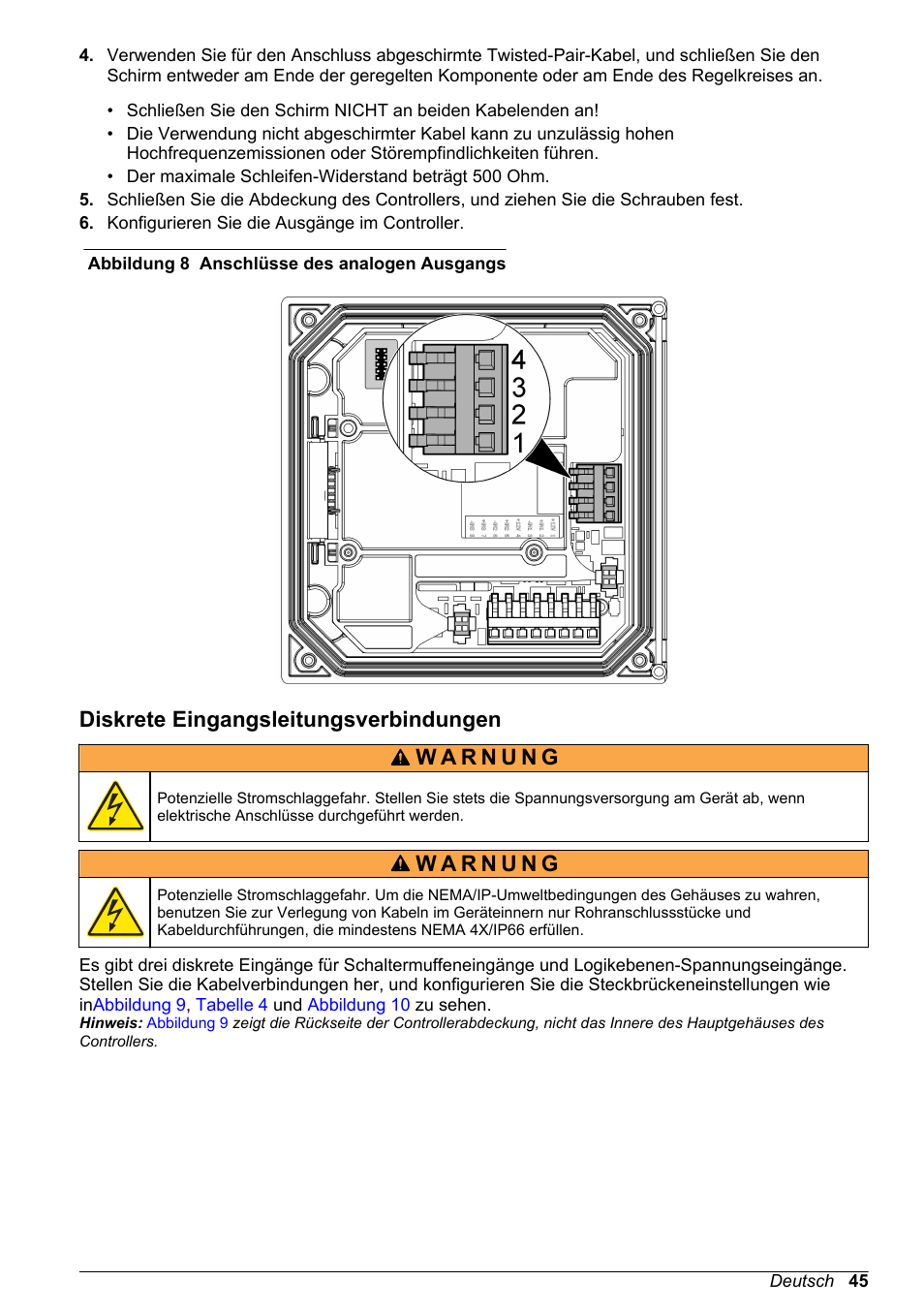 Diskrete eingangsleitungsverbindungen, Abbildung 8, Hinweis | Hach-Lange SC 200 Basic User Manual User Manual | Page 45 / 638