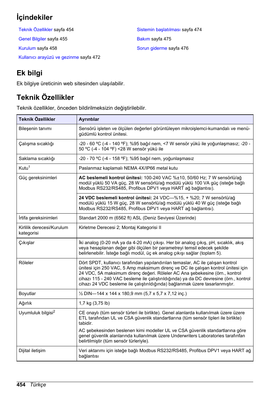 Temel kullanıcı kılavuzu, Içindekiler, Ek bilgi | Teknik özellikler, Türkçe | Hach-Lange SC 200 Basic User Manual User Manual | Page 454 / 638