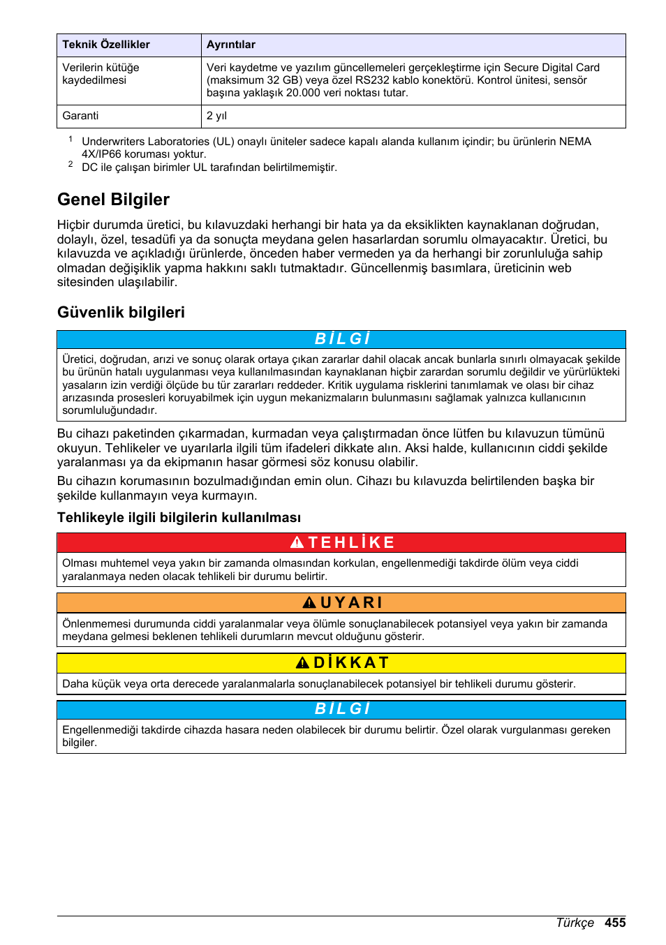 Genel bilgiler, Güvenlik bilgileri, Tehlikeyle ilgili bilgilerin kullanılması | Sayfa 455 | Hach-Lange SC 200 Basic User Manual User Manual | Page 455 / 638