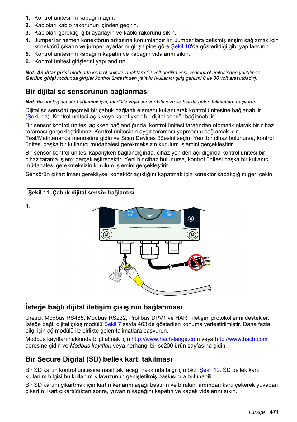 Bir dijital sc sensörünün bağlanması, Isteğe bağlı dijital iletişim çıkışının bağlanması, Bir secure digital (sd) bellek kartı takılması | Hach-Lange SC 200 Basic User Manual User Manual | Page 471 / 638