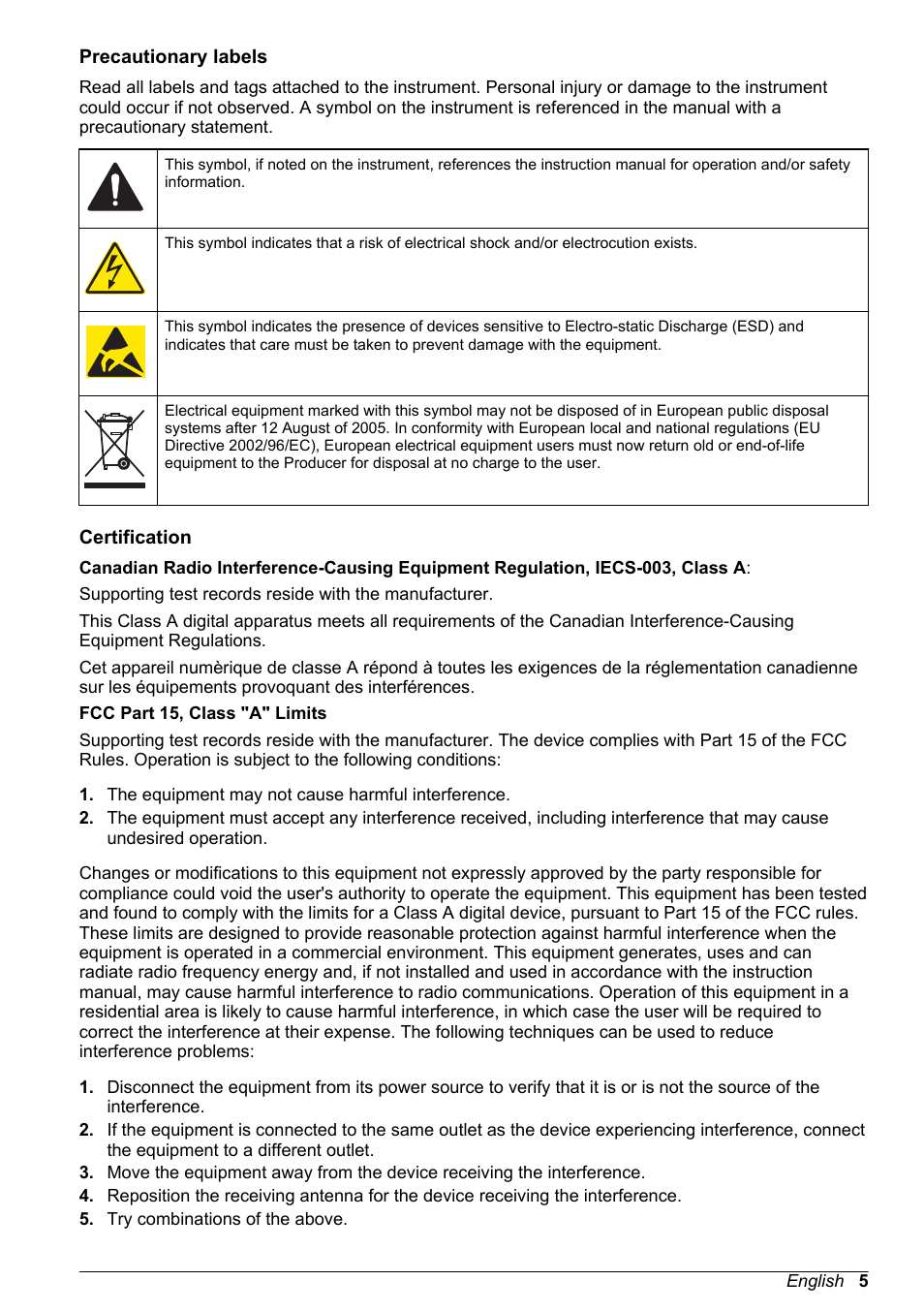 Precautionary labels, Certification | Hach-Lange SC 200 Basic User Manual User Manual | Page 5 / 638