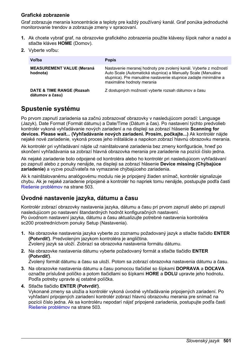 Grafické zobrazenie, Spustenie systému, Úvodné nastavenie jazyka, dátumu a času | Na strane 501 | Hach-Lange SC 200 Basic User Manual User Manual | Page 501 / 638