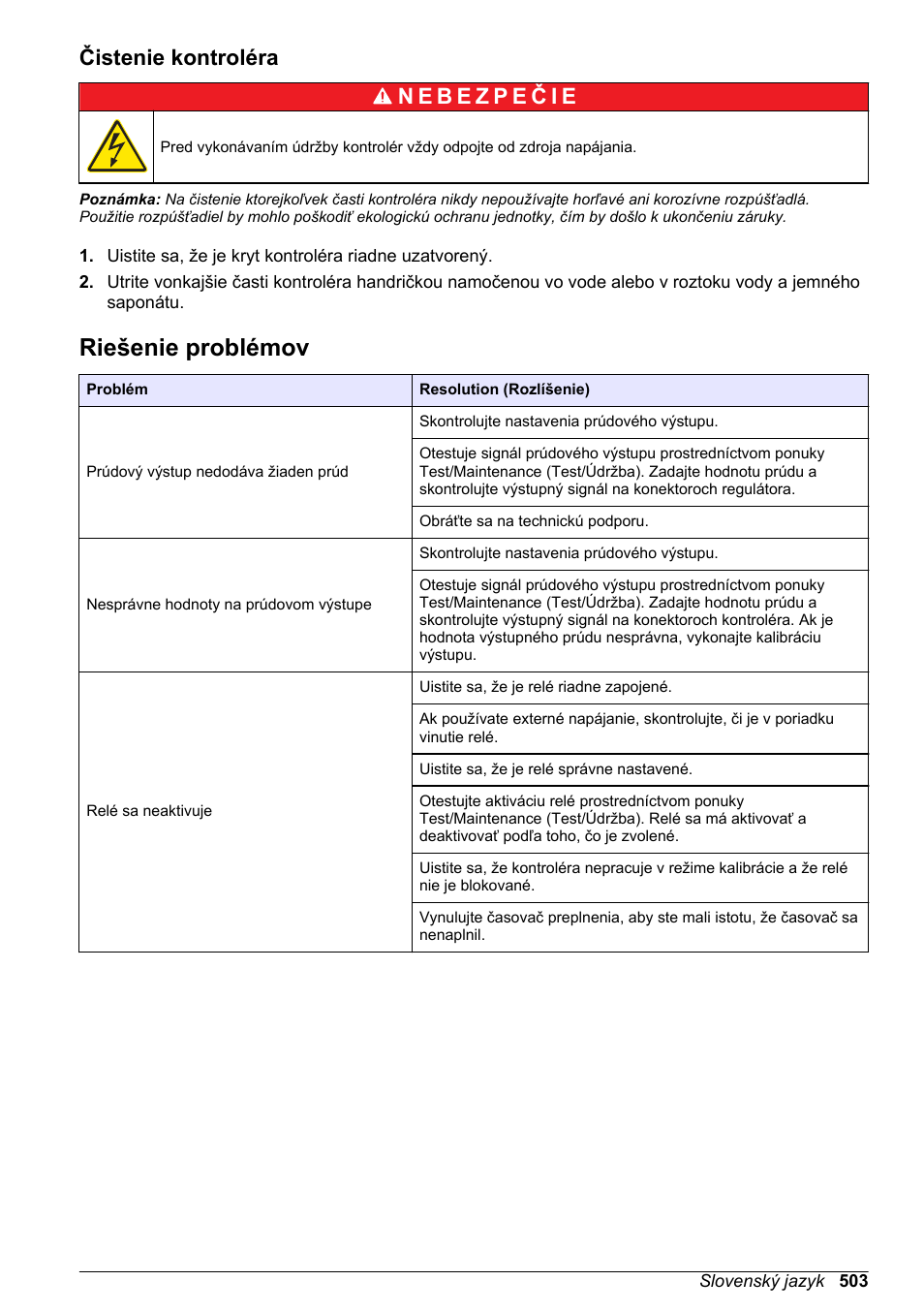 Čistenie kontroléra, Riešenie problémov | Hach-Lange SC 200 Basic User Manual User Manual | Page 503 / 638