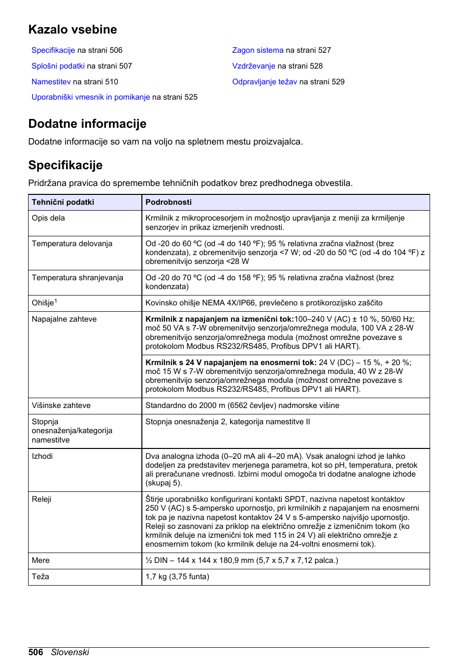 Osnovni uporabniški priročnik, Kazalo vsebine, Dodatne informacije | Specifikacije, Slovenski | Hach-Lange SC 200 Basic User Manual User Manual | Page 506 / 638