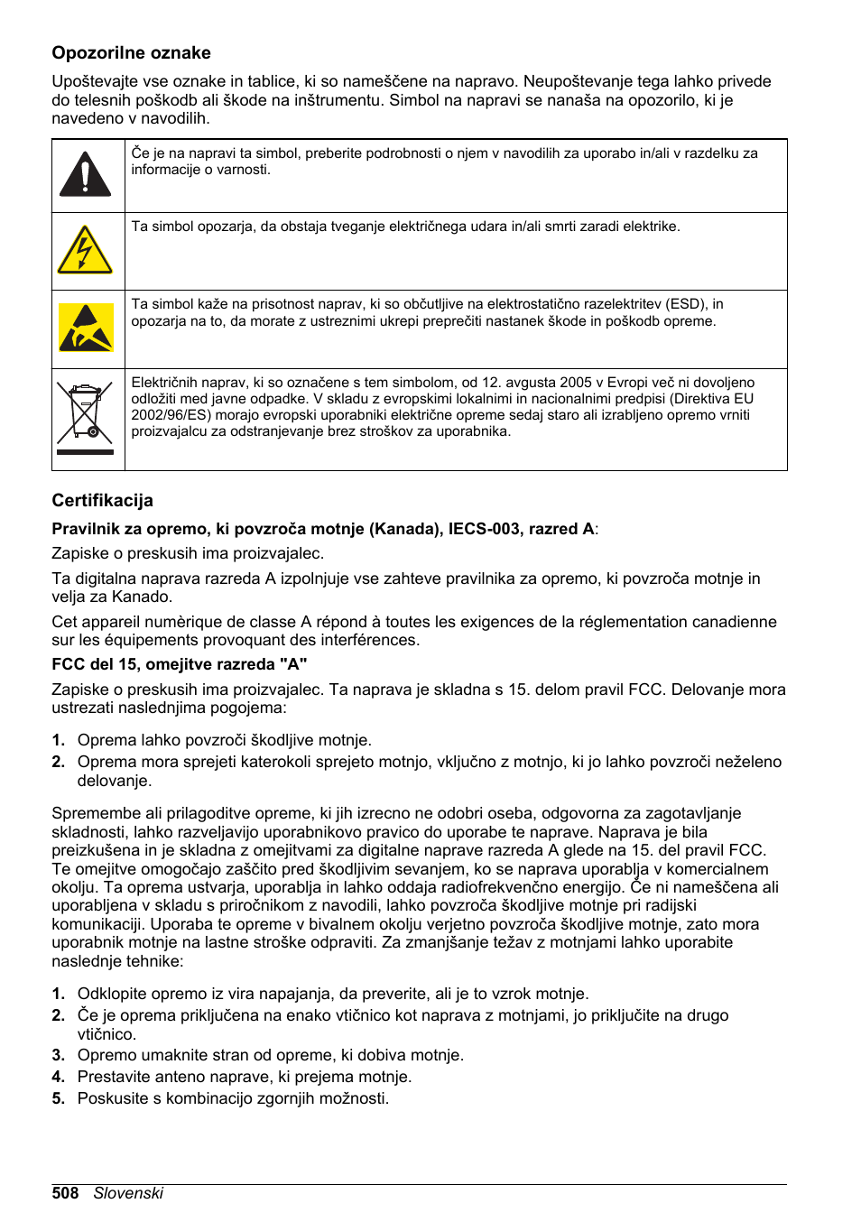 Opozorilne oznake, Certifikacija | Hach-Lange SC 200 Basic User Manual User Manual | Page 508 / 638