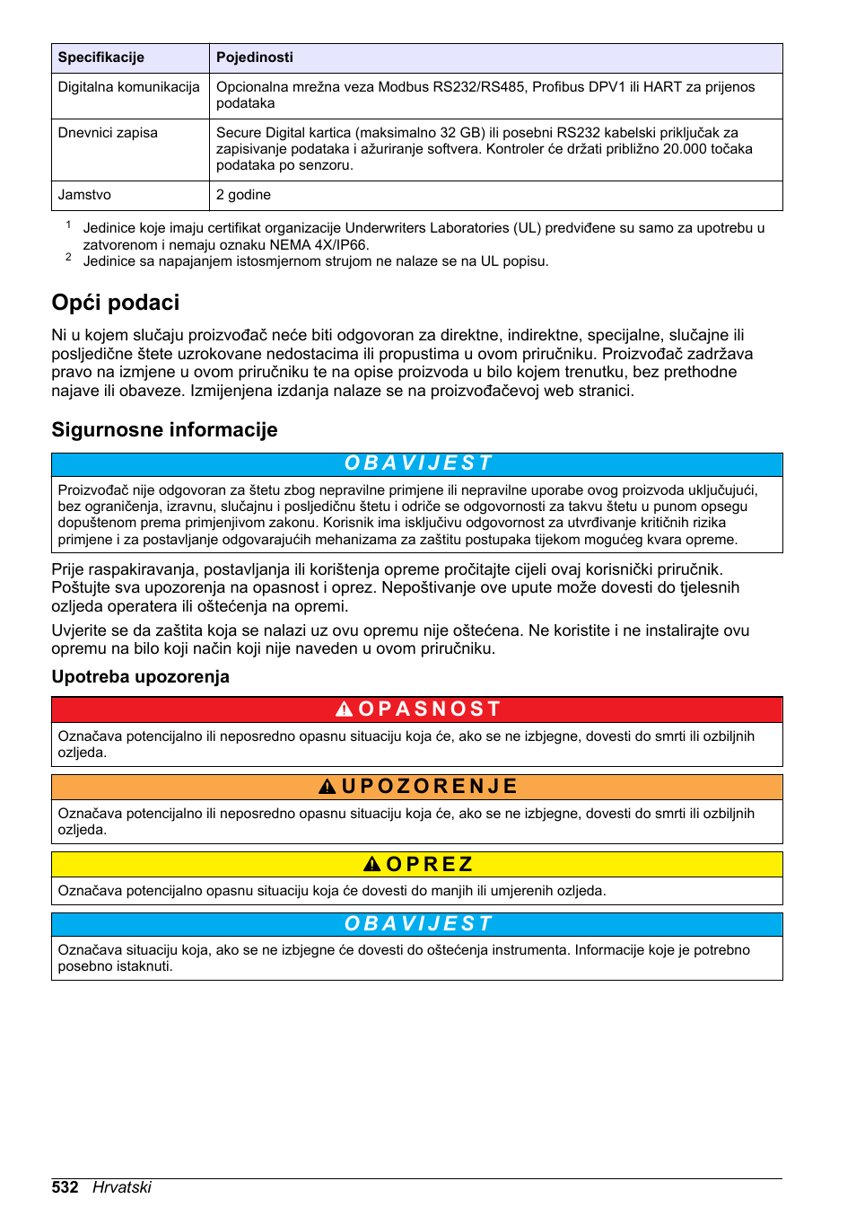 Opći podaci, Sigurnosne informacije, Upotreba upozorenja | Na stranici | Hach-Lange SC 200 Basic User Manual User Manual | Page 532 / 638