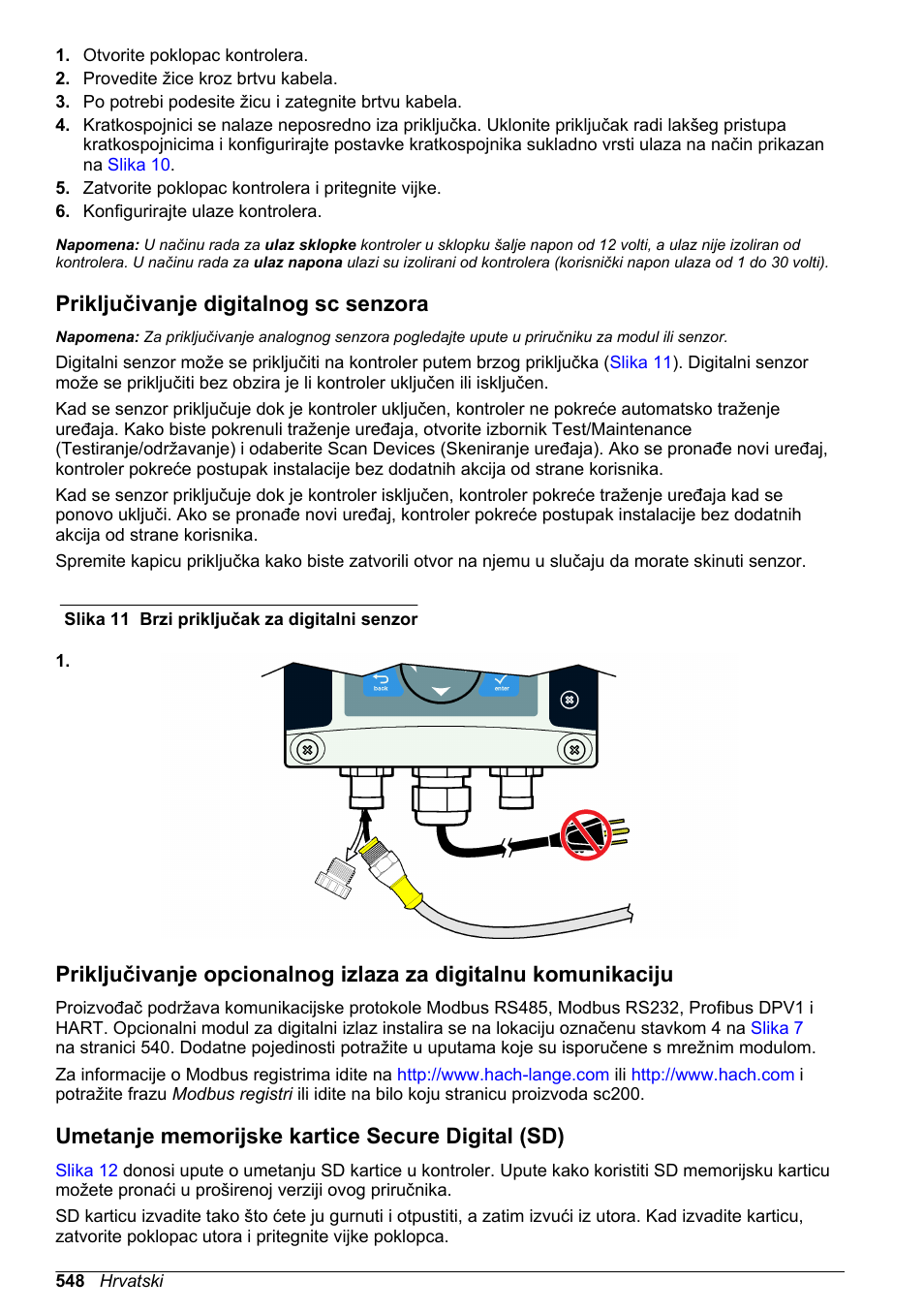 Priključivanje digitalnog sc senzora, Umetanje memorijske kartice secure digital (sd), Pogledajte | Na stranici 548 | Hach-Lange SC 200 Basic User Manual User Manual | Page 548 / 638