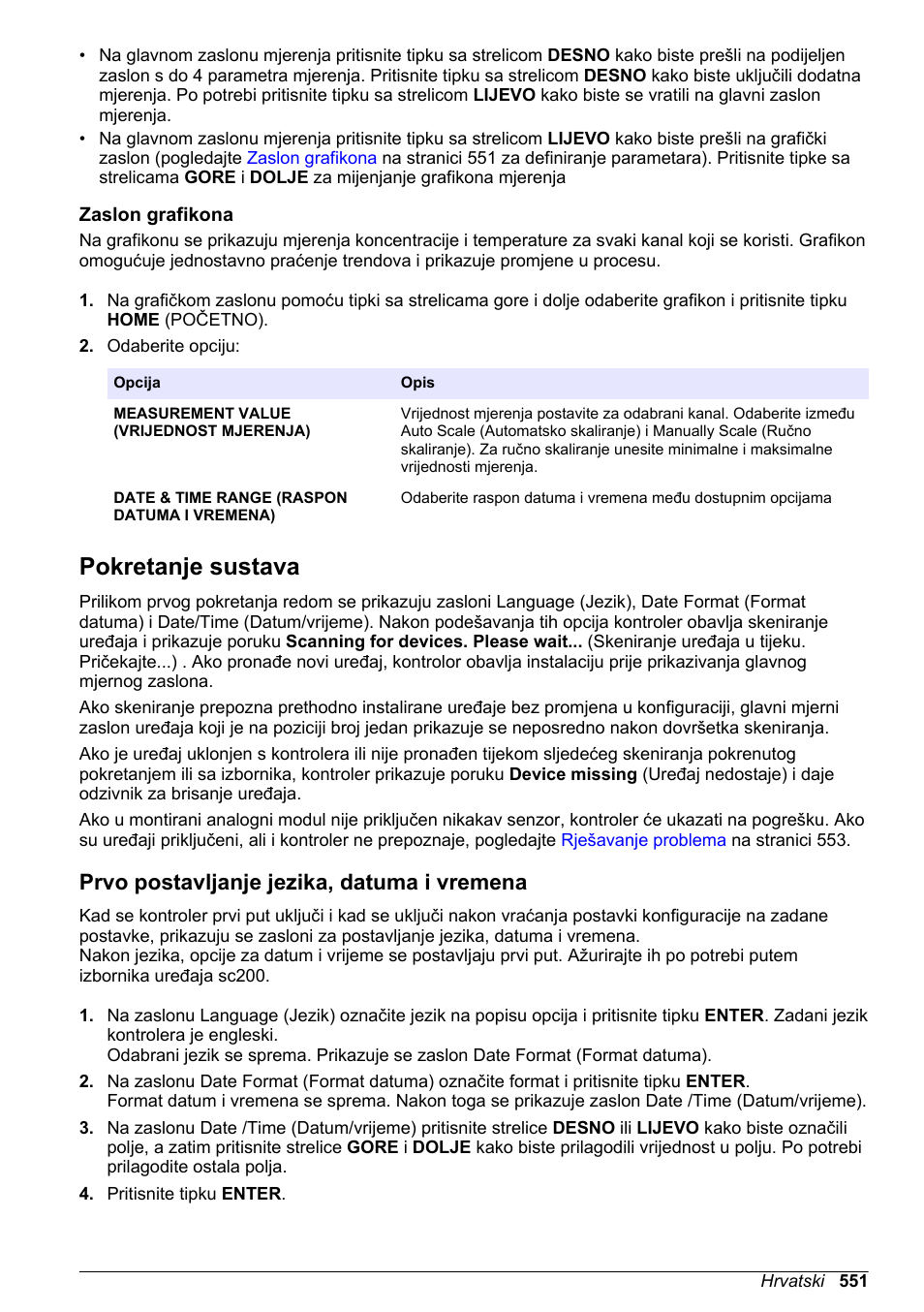Zaslon grafikona, Pokretanje sustava, Prvo postavljanje jezika, datuma i vremena | Na stranici | Hach-Lange SC 200 Basic User Manual User Manual | Page 551 / 638