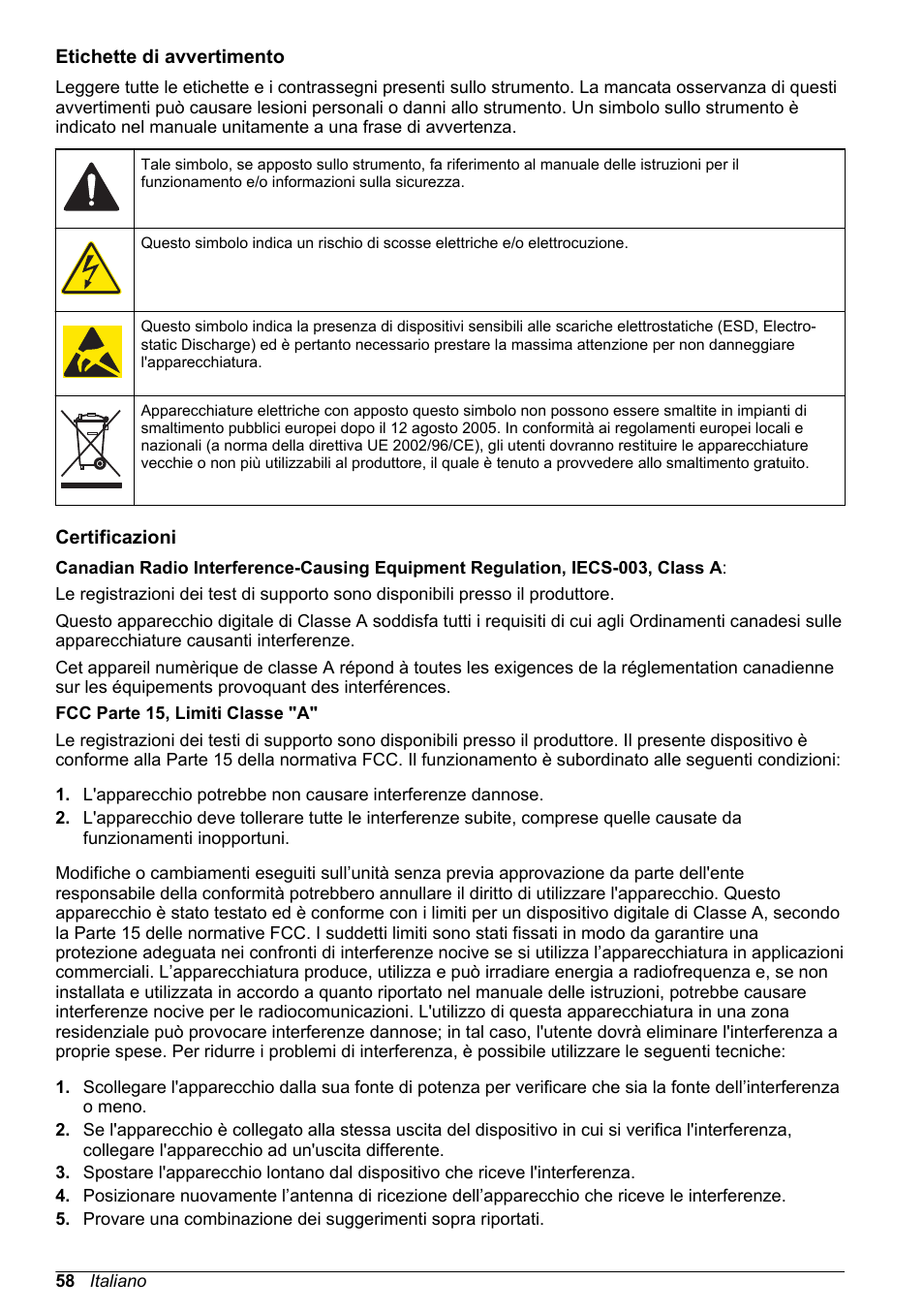 Etichette di avvertimento, Certificazioni | Hach-Lange SC 200 Basic User Manual User Manual | Page 58 / 638