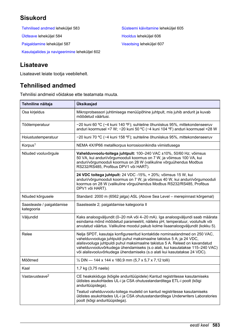 Kokkuvõtlik kasutusjuhend, Sisukord, Lisateave | Tehnilised andmed, Eesti keel | Hach-Lange SC 200 Basic User Manual User Manual | Page 583 / 638