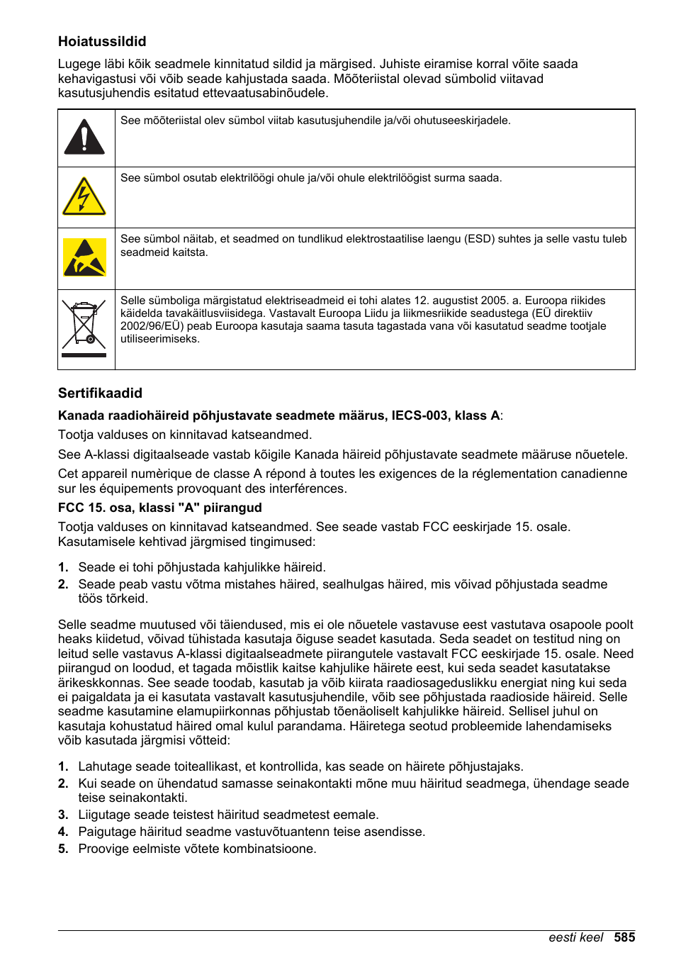 Hoiatussildid, Sertifikaadid | Hach-Lange SC 200 Basic User Manual User Manual | Page 585 / 638