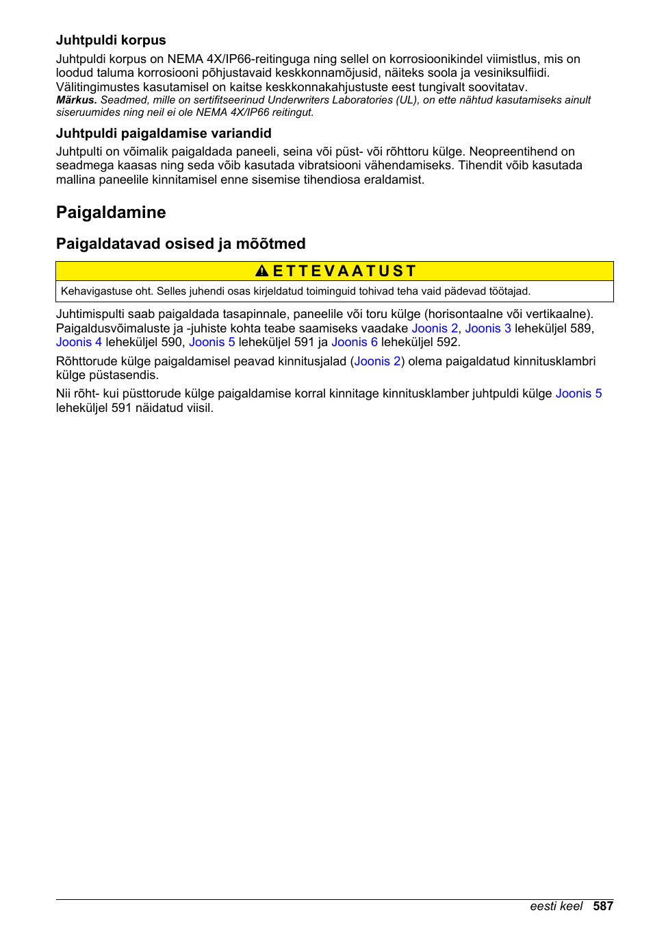 Juhtpuldi korpus, Juhtpuldi paigaldamise variandid, Paigaldamine | Paigaldatavad osised ja mõõtmed, Leheküljel | Hach-Lange SC 200 Basic User Manual User Manual | Page 587 / 638