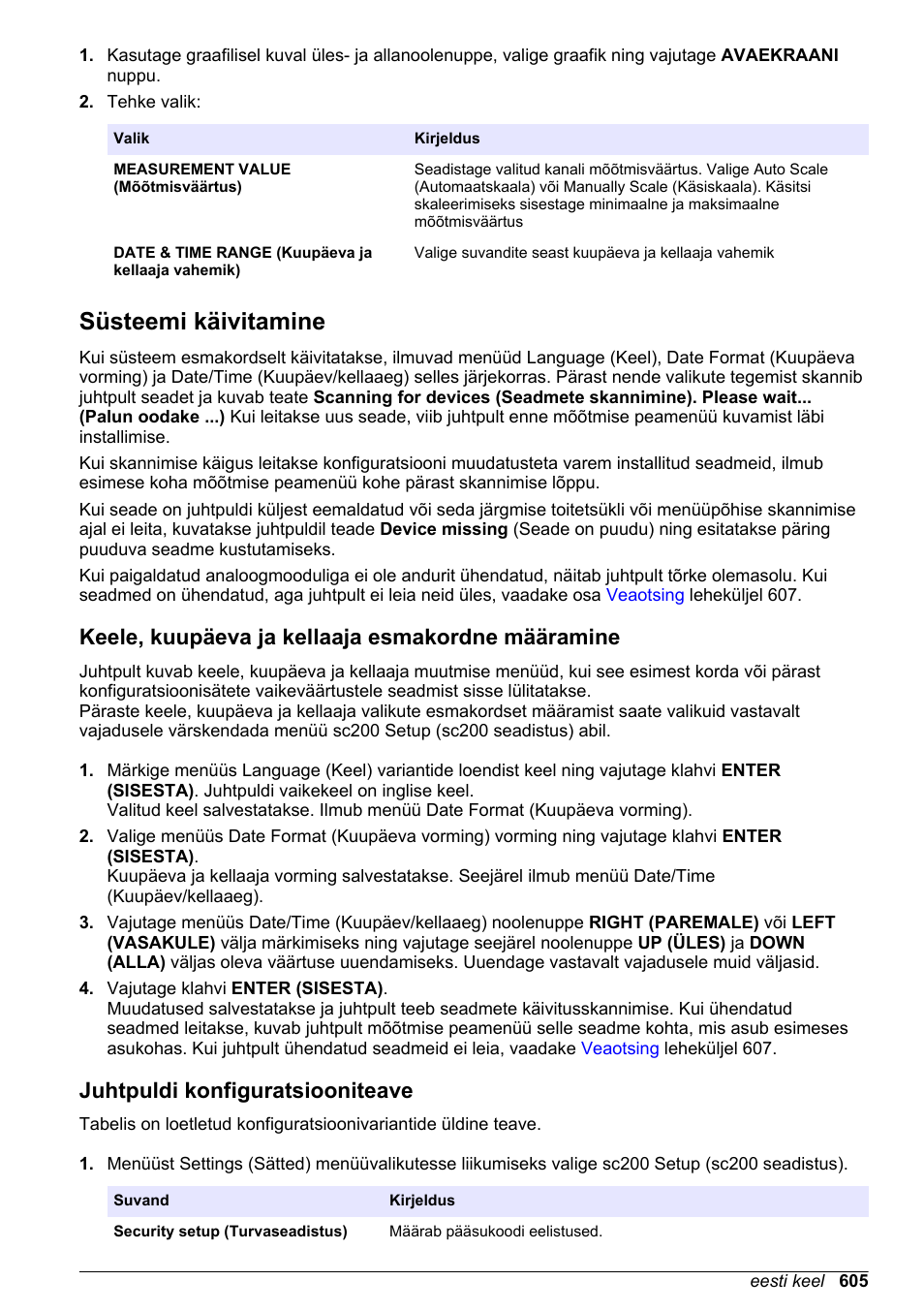 Süsteemi käivitamine, Keele, kuupäeva ja kellaaja esmakordne määramine, Juhtpuldi konfiguratsiooniteave | Leheküljel | Hach-Lange SC 200 Basic User Manual User Manual | Page 605 / 638
