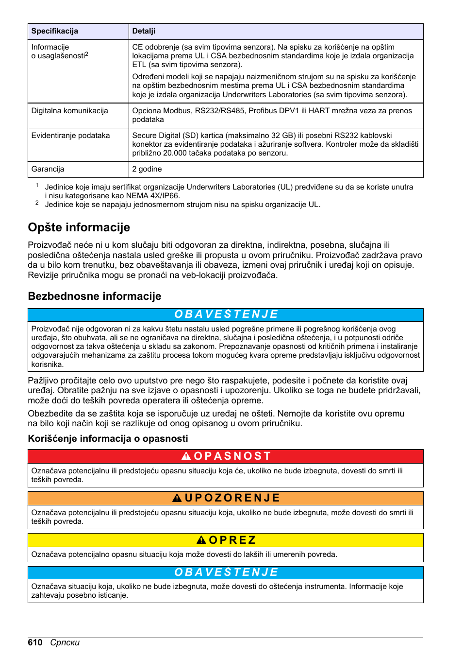 Opšte informacije, Bezbednosne informacije, Korišćenje informacija o opasnosti | Hach-Lange SC 200 Basic User Manual User Manual | Page 610 / 638