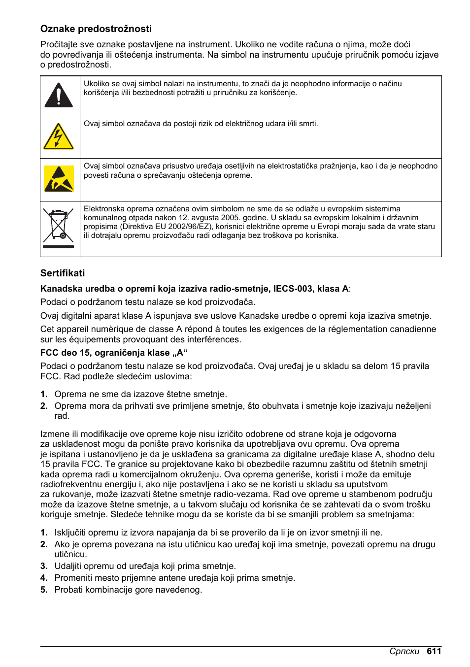 Oznake predostrožnosti, Sertifikati | Hach-Lange SC 200 Basic User Manual User Manual | Page 611 / 638