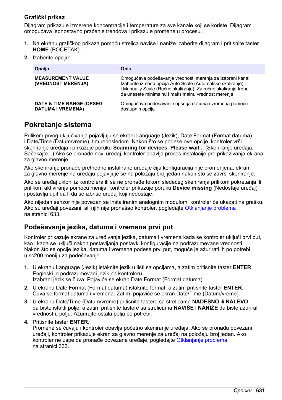 Grafički prikaz, Pokretanje sistema, Podešavanje jezika, datuma i vremena prvi put | Na stranici | Hach-Lange SC 200 Basic User Manual User Manual | Page 631 / 638