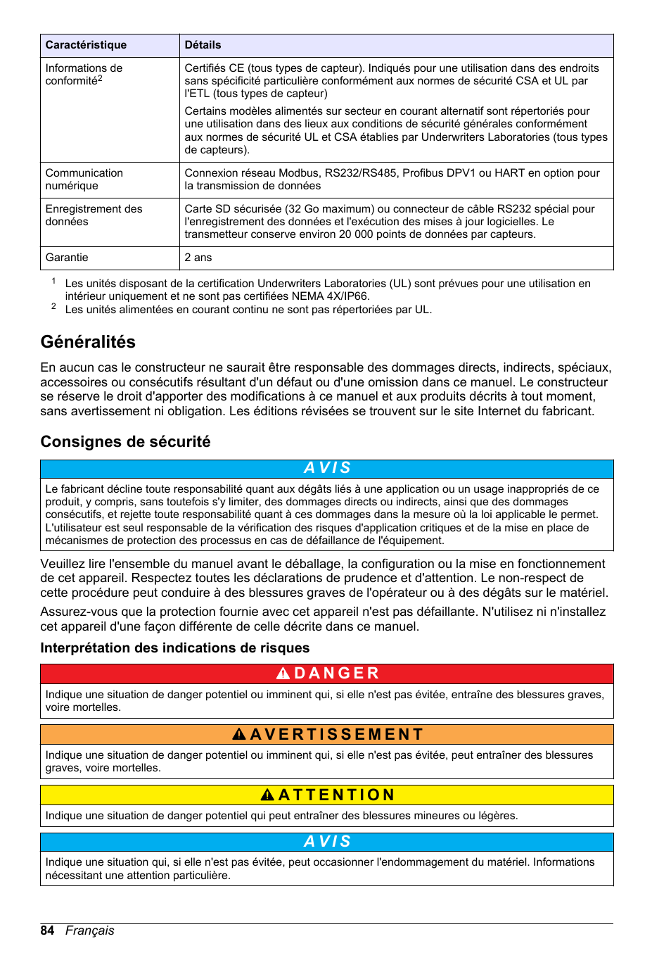 Généralités, Consignes de sécurité, Interprétation des indications de risques | A v i s | Hach-Lange SC 200 Basic User Manual User Manual | Page 84 / 638