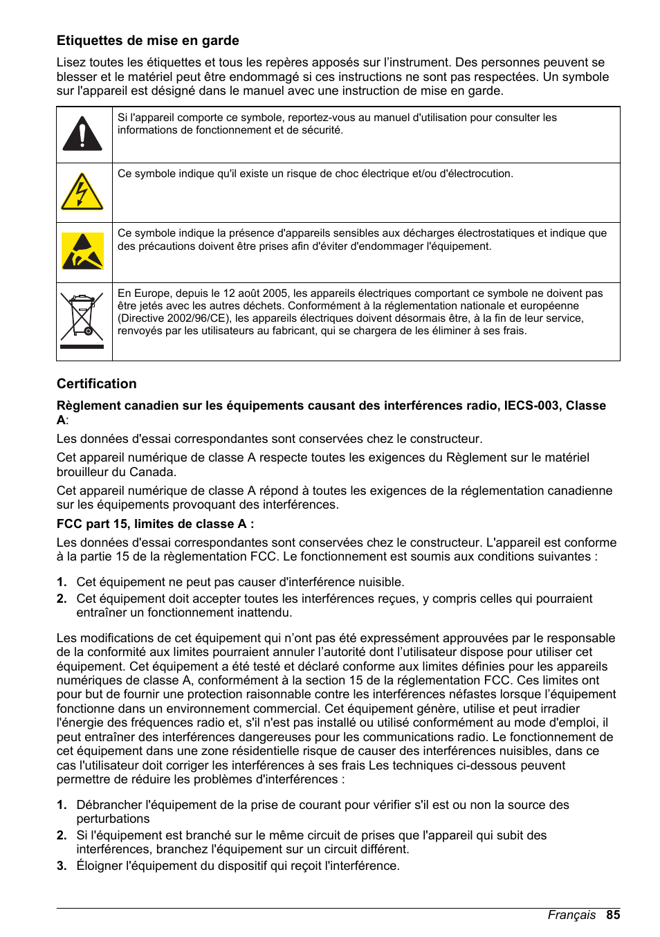 Etiquettes de mise en garde, Certification | Hach-Lange SC 200 Basic User Manual User Manual | Page 85 / 638