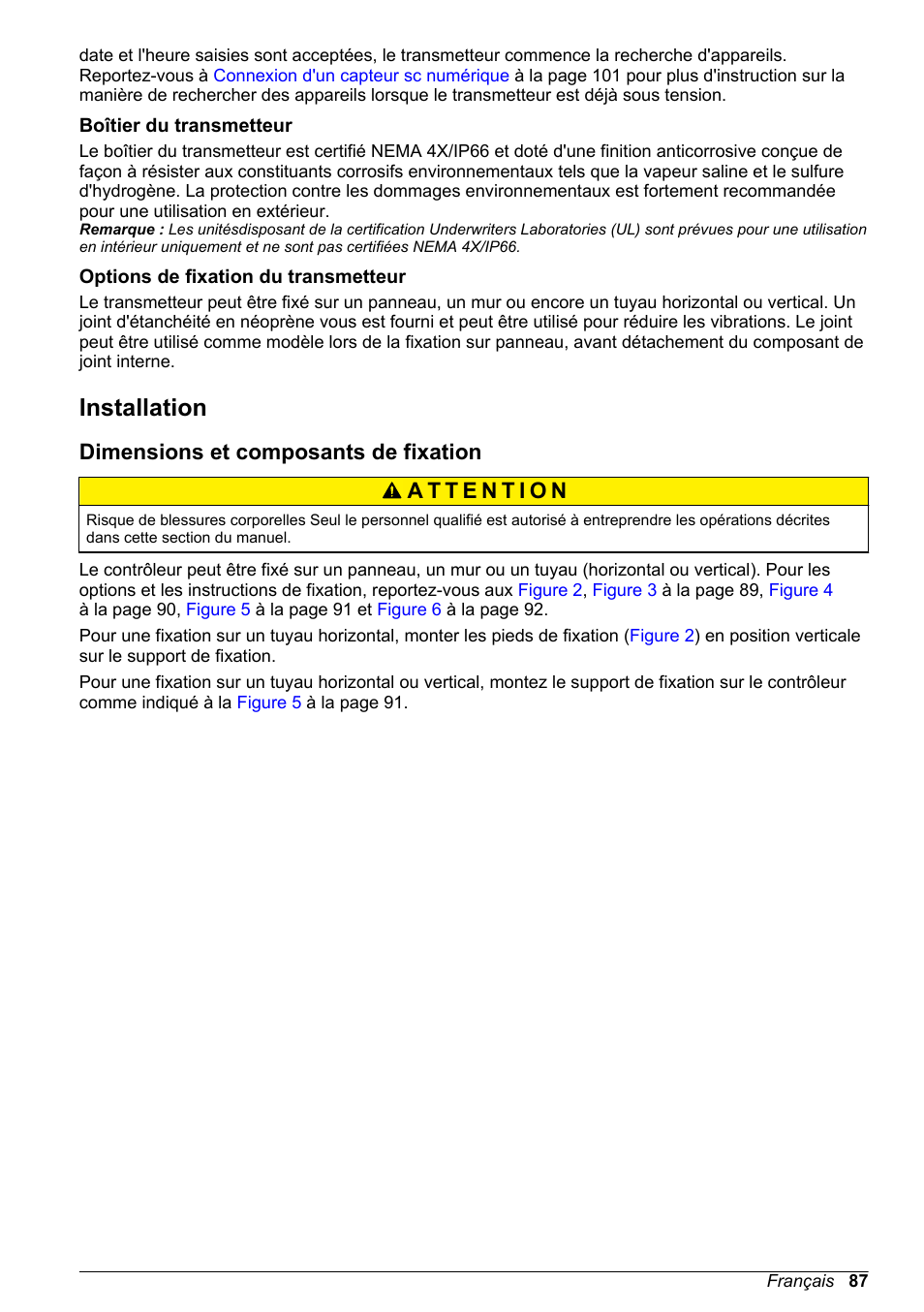 Boîtier du transmetteur, Options de fixation du transmetteur, Installation | Dimensions et composants de fixation | Hach-Lange SC 200 Basic User Manual User Manual | Page 87 / 638
