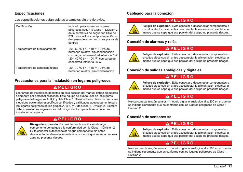 Manual de conformidad del instrumento, Especificaciones, Cableado para la conexión | Conexión de alarmas y relés, Conexión de salidas analógicas y digitales, Conexión de sensores sc, Español | Hach-Lange SC 200 Class 1 Compliance instrument manual User Manual | Page 11 / 50