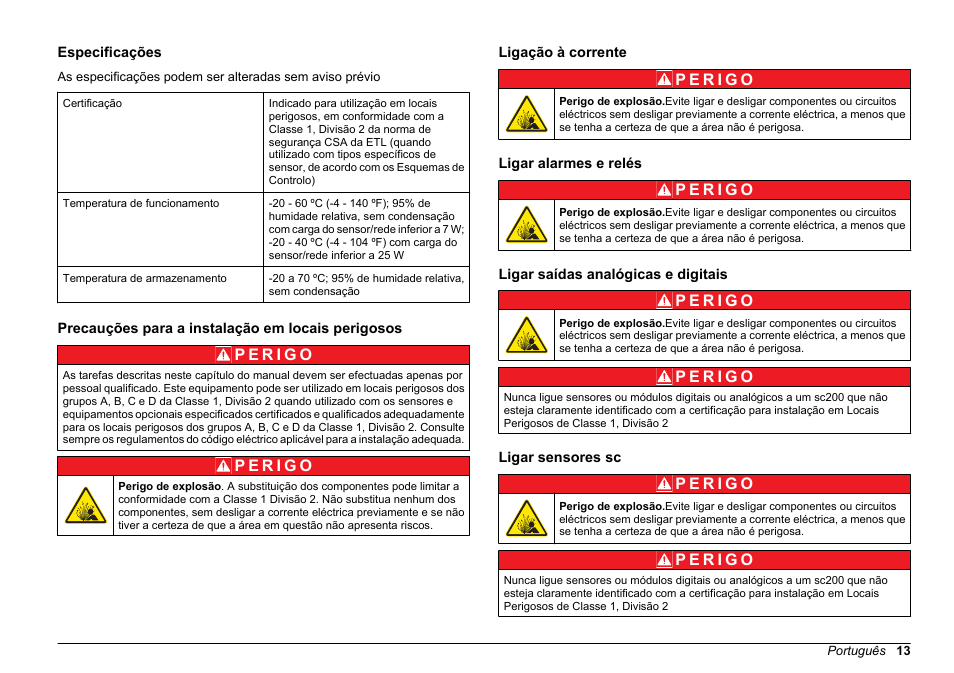 Manual de conformidade do instrumento, Especificações, Precauções para a instalação em locais perigosos | Ligação à corrente, Ligar alarmes e relés, Ligar saídas analógicas e digitais, Ligar sensores sc, Português | Hach-Lange SC 200 Class 1 Compliance instrument manual User Manual | Page 13 / 50