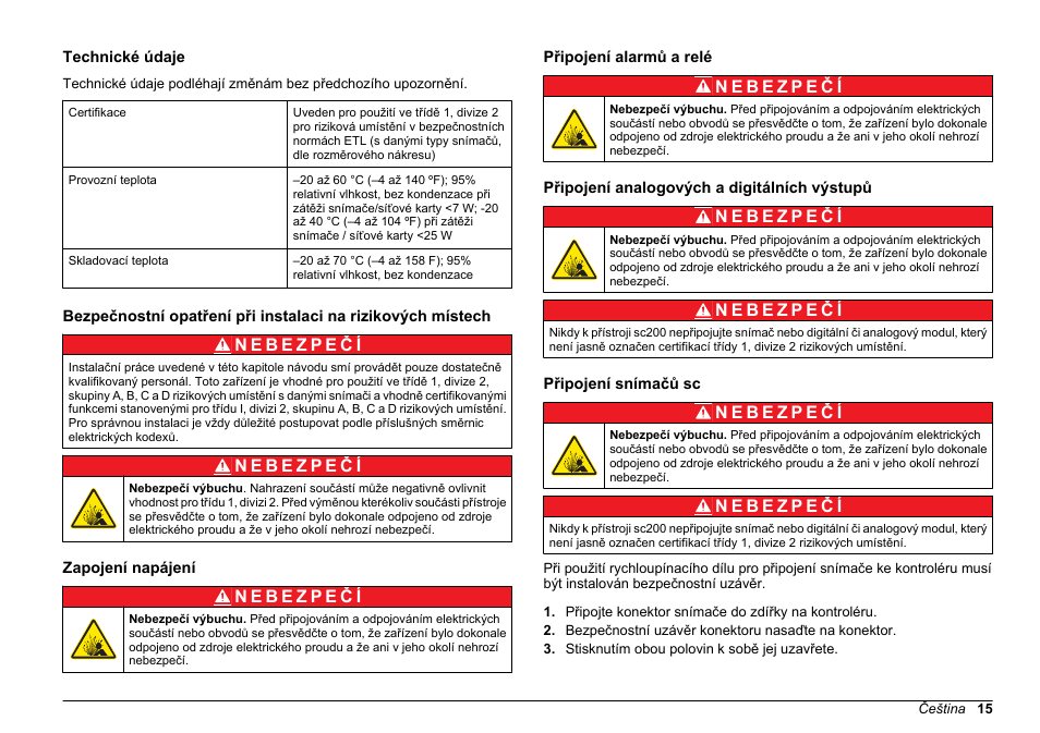 Příručka pro shodu přístroje, Technické údaje, Zapojení napájení | Připojení alarmů a relé, Připojení analogových a digitálních výstupů, Připojení snímačů sc, Čeština | Hach-Lange SC 200 Class 1 Compliance instrument manual User Manual | Page 15 / 50