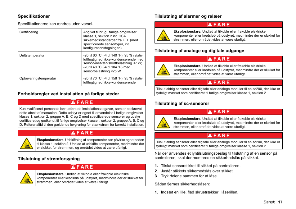 Opfylder instrumentvejledningen, Specifikationer, Forholdsregler ved installation på farlige steder | Tilslutning af strømforsyning, Tilslutning af alarmer og relæer, Tilslutning af analoge og digitale udgange, Tilslutning af sc-sensorer, Dansk | Hach-Lange SC 200 Class 1 Compliance instrument manual User Manual | Page 17 / 50