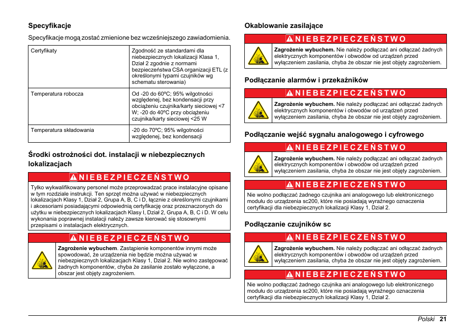Instrukcja obsługi zgodnego urządzenia, Specyfikacje, Okablowanie zasilające | Podłączanie alarmów i przekaźników, Podłączanie wejść sygnału analogowego i cyfrowego, Podłączanie czujników sc, Polski | Hach-Lange SC 200 Class 1 Compliance instrument manual User Manual | Page 21 / 50