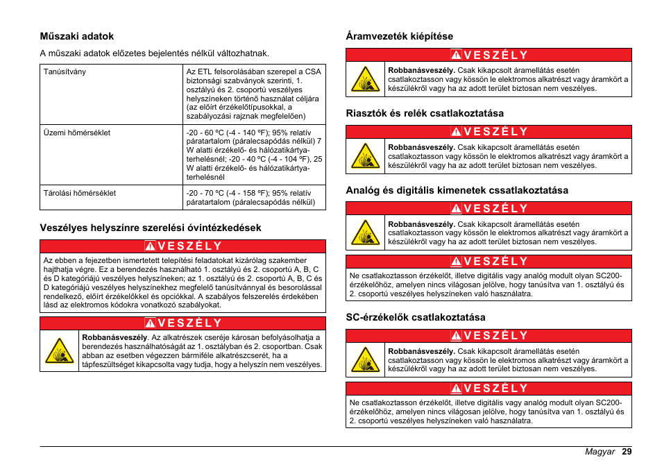 Az eszköz megfelelőségi kézkikönyve, Műszaki adatok, Veszélyes helyszínre szerelési óvintézkedések | Áramvezeték kiépítése, Riasztók és relék csatlakoztatása, Analóg és digitális kimenetek cssatlakoztatása, Sc-érzékelők csatlakoztatása, Magyar | Hach-Lange SC 200 Class 1 Compliance instrument manual User Manual | Page 29 / 50