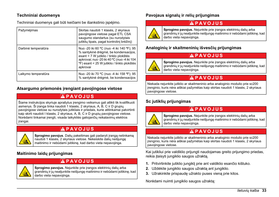 Suderinimo prietaiso vadovas, Techniniai duomenys, Atsargumo priemonės įrengiant pavojingose vietose | Maitinimo laidų prijungimas, Pavojaus signalų ir relių prijungimas, Analoginių ir skaitmeninių išvesčių prijungimas, Sc jutiklių prijungimas, Lietuvių kalba | Hach-Lange SC 200 Class 1 Compliance instrument manual User Manual | Page 33 / 50