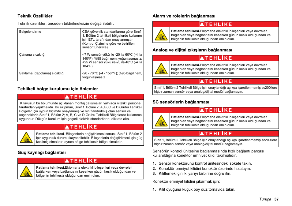 Uyum cihazı kılavuzu, Teknik özellikler, Tehlikeli bölge kurulumu için önlemler | Güç kaynağı bağlantısı, Alarm ve rölelerin bağlanması, Analog ve dijital çıkışların bağlanması, Sc sensörlerin bağlanması, Türkçe | Hach-Lange SC 200 Class 1 Compliance instrument manual User Manual | Page 37 / 50