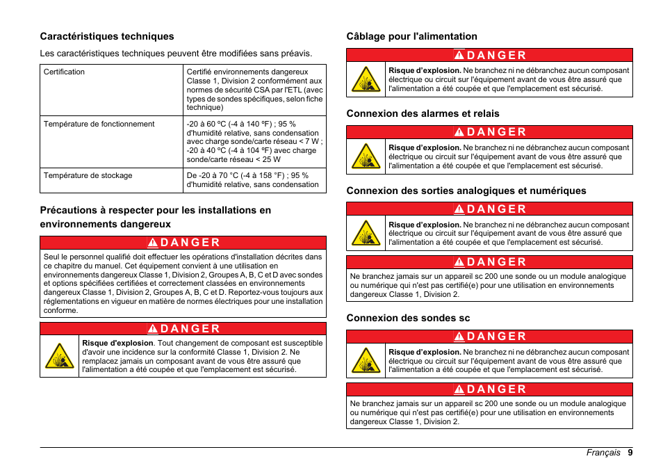 Manuel de conformité de l'instrument, Caractéristiques techniques, Câblage pour l'alimentation | Connexion des alarmes et relais, Connexion des sorties analogiques et numériques, Connexion des sondes sc, Français | Hach-Lange SC 200 Class 1 Compliance instrument manual User Manual | Page 9 / 50